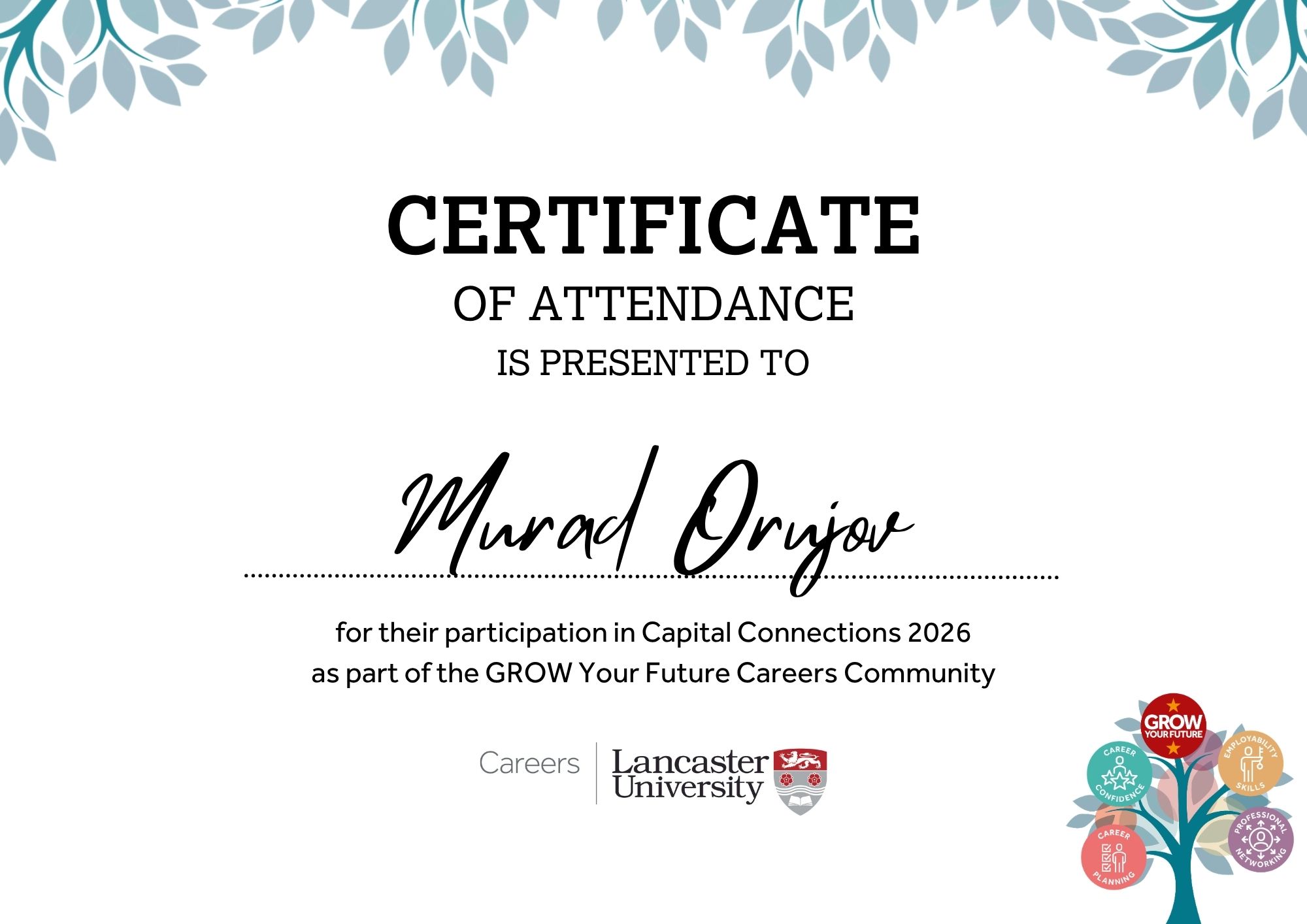 Capital Connections 2026 — Grow Your Future certificate